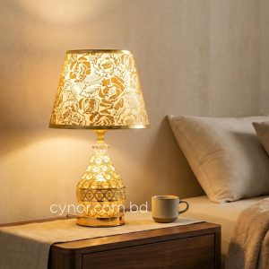 Golden Color Metal Body Table Lamp with Crystal Design and Rose Pattern Texture Plastic Shade