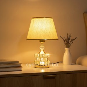 Golden Color Metal Body Table Lamp with Crystal Stone Design and Ornamental Pattern Texture Plastic Shade