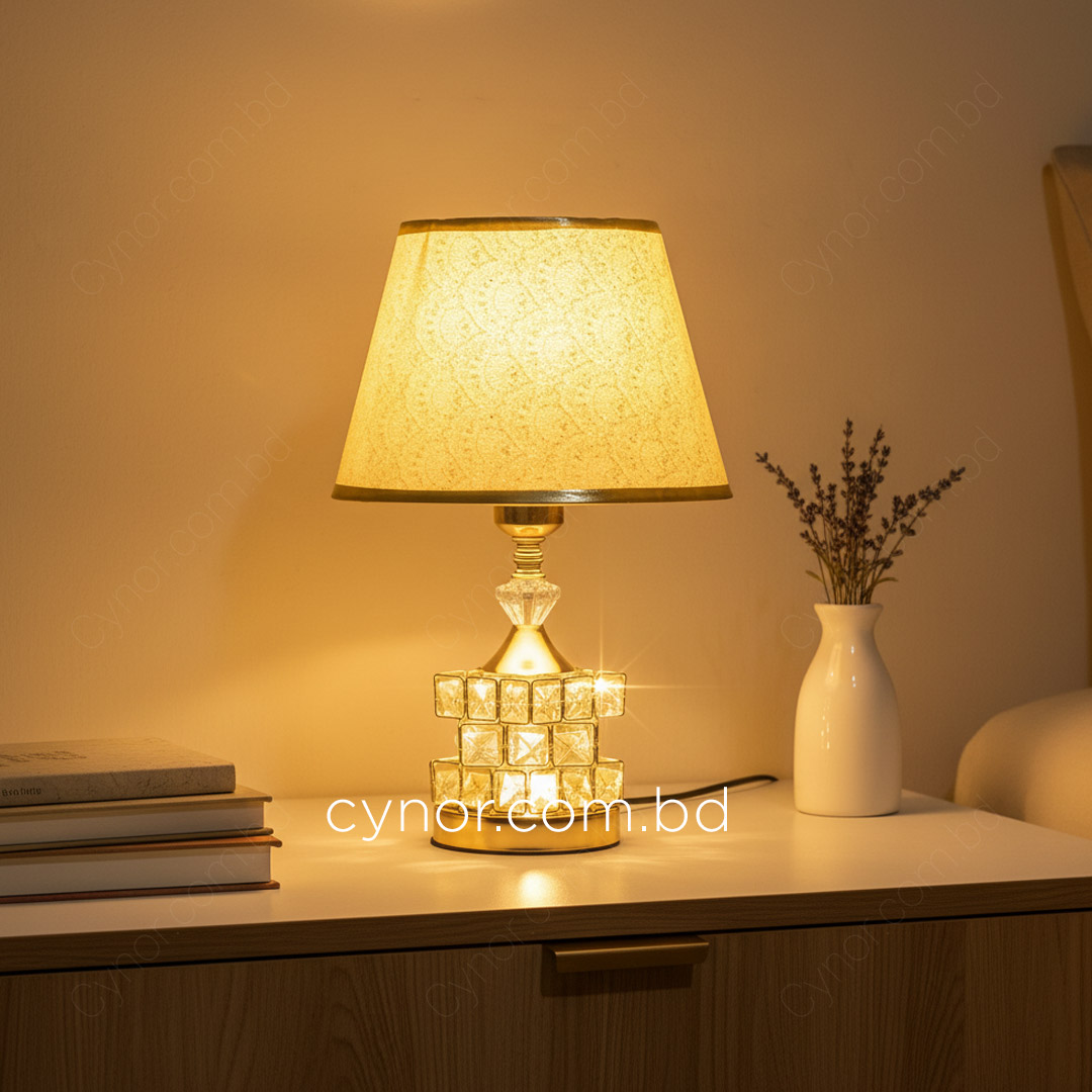 Golden Color Metal Body Table Lamp with Crystal Stone Design and Ornamental Pattern Texture Plastic Shade