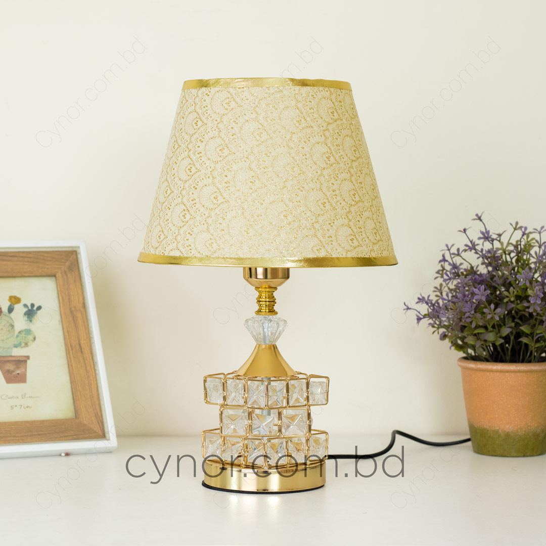 Golden Color Metal Body Table Lamp with Crystal Stone Design and Ornamental Pattern Texture Plastic Shade - Image 4