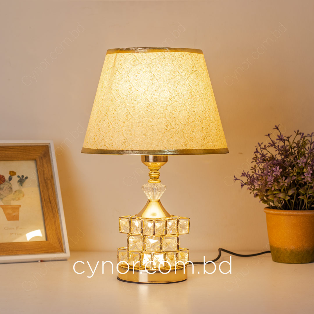 Golden Color Metal Body Table Lamp with Crystal Stone Design and Ornamental Pattern Texture Plastic Shade - Image 3