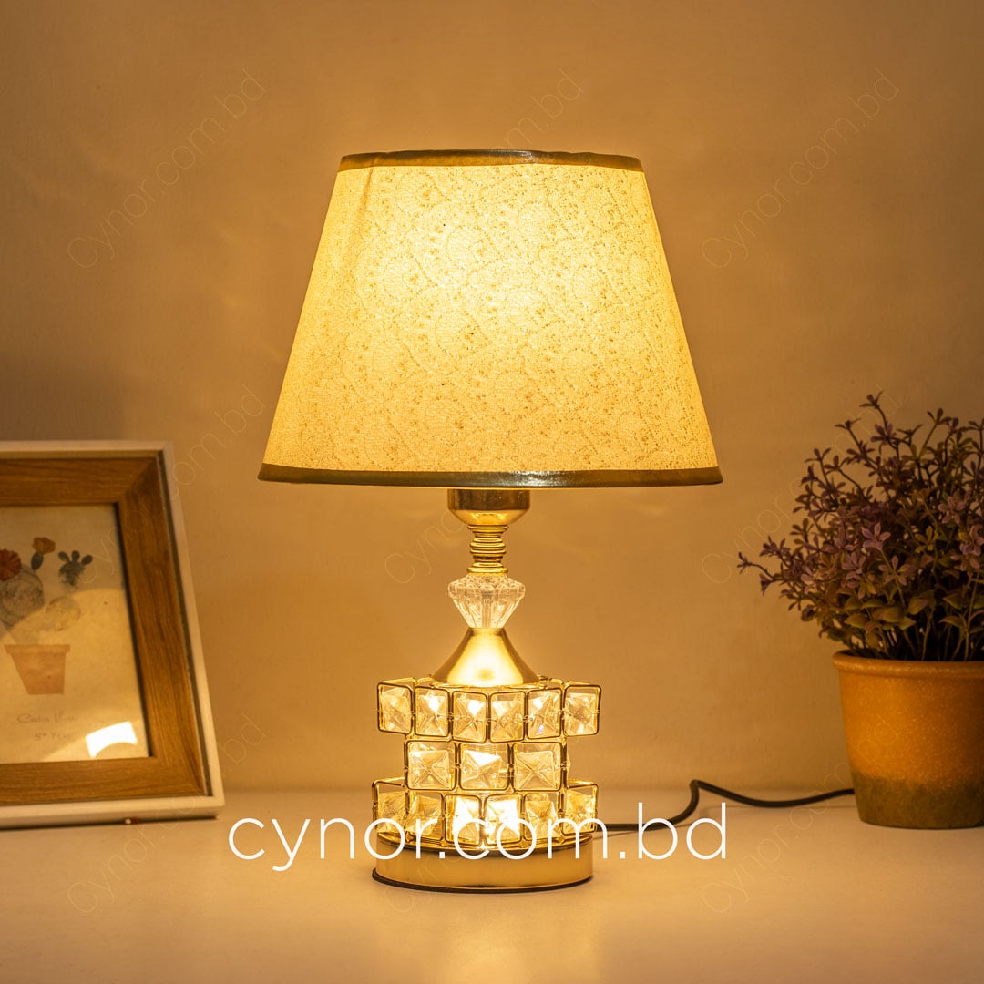 Golden Color Metal Body Table Lamp with Crystal Stone Design and Ornamental Pattern Texture Plastic Shade - Image 2