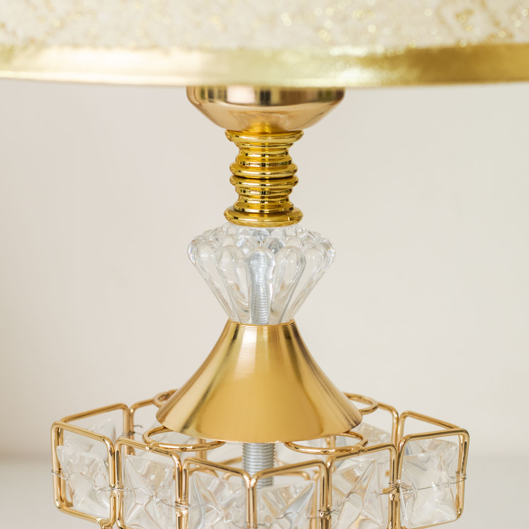 Golden Color Metal Body Table Lamp with Crystal Stone Design and Ornamental Pattern Texture Plastic Shade - Image 6
