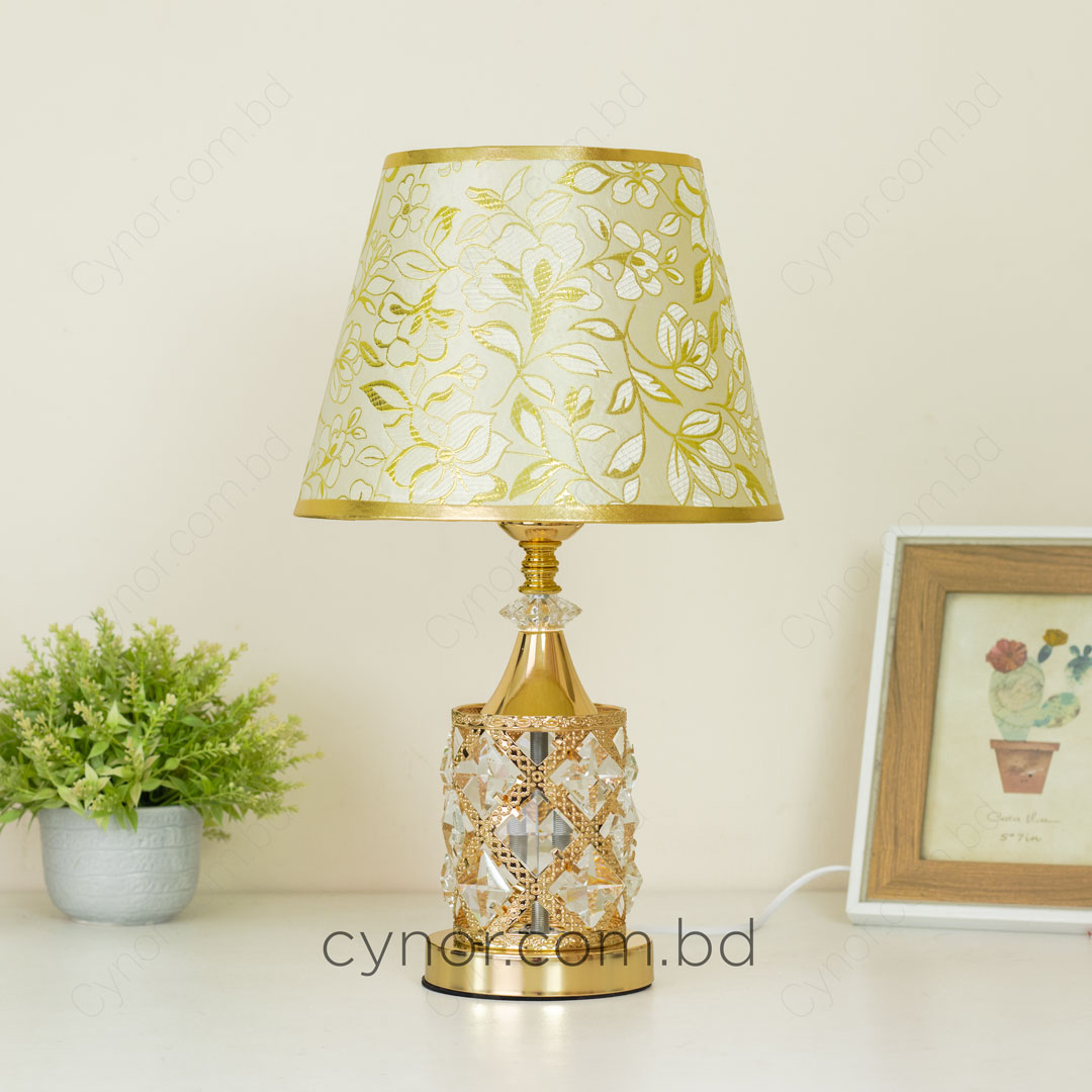 Golden Color Metal Body Table Lamp with Crystal Stone Design and Floral Pattern Texture Plastic Shade - Image 4