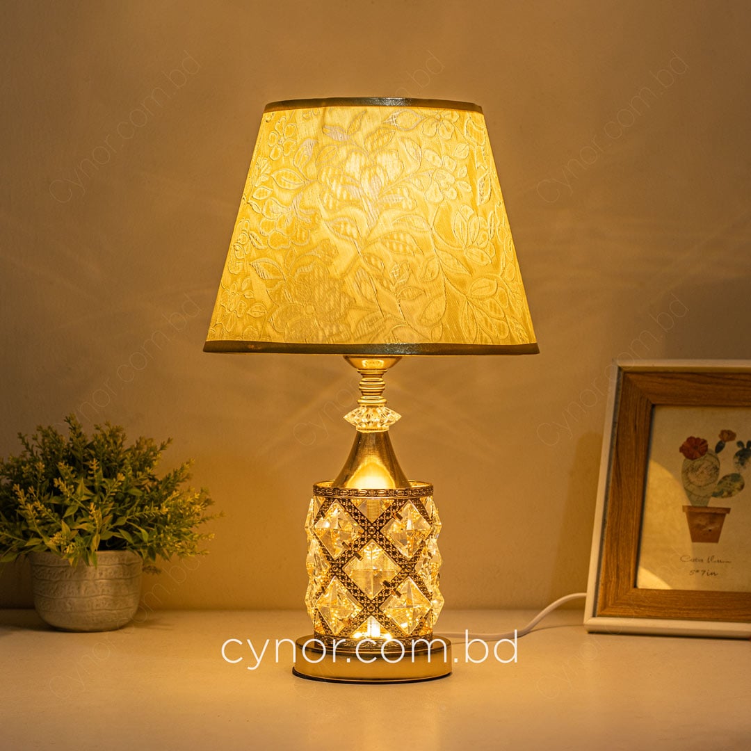 Golden Color Metal Body Table Lamp with Crystal Stone Design and Floral Pattern Texture Plastic Shade - Image 2