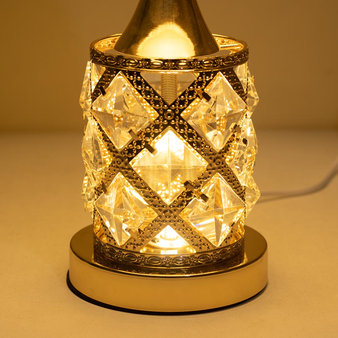 Golden Color Metal Body Table Lamp with Crystal Stone Design and Floral Pattern Texture Plastic Shade - Image 8