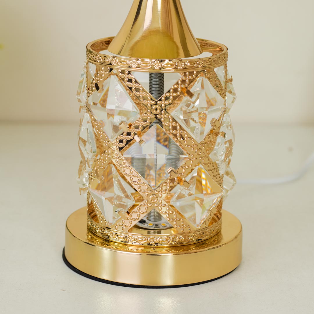 Golden Color Metal Body Table Lamp with Crystal Stone Design and Floral Pattern Texture Plastic Shade - Image 7