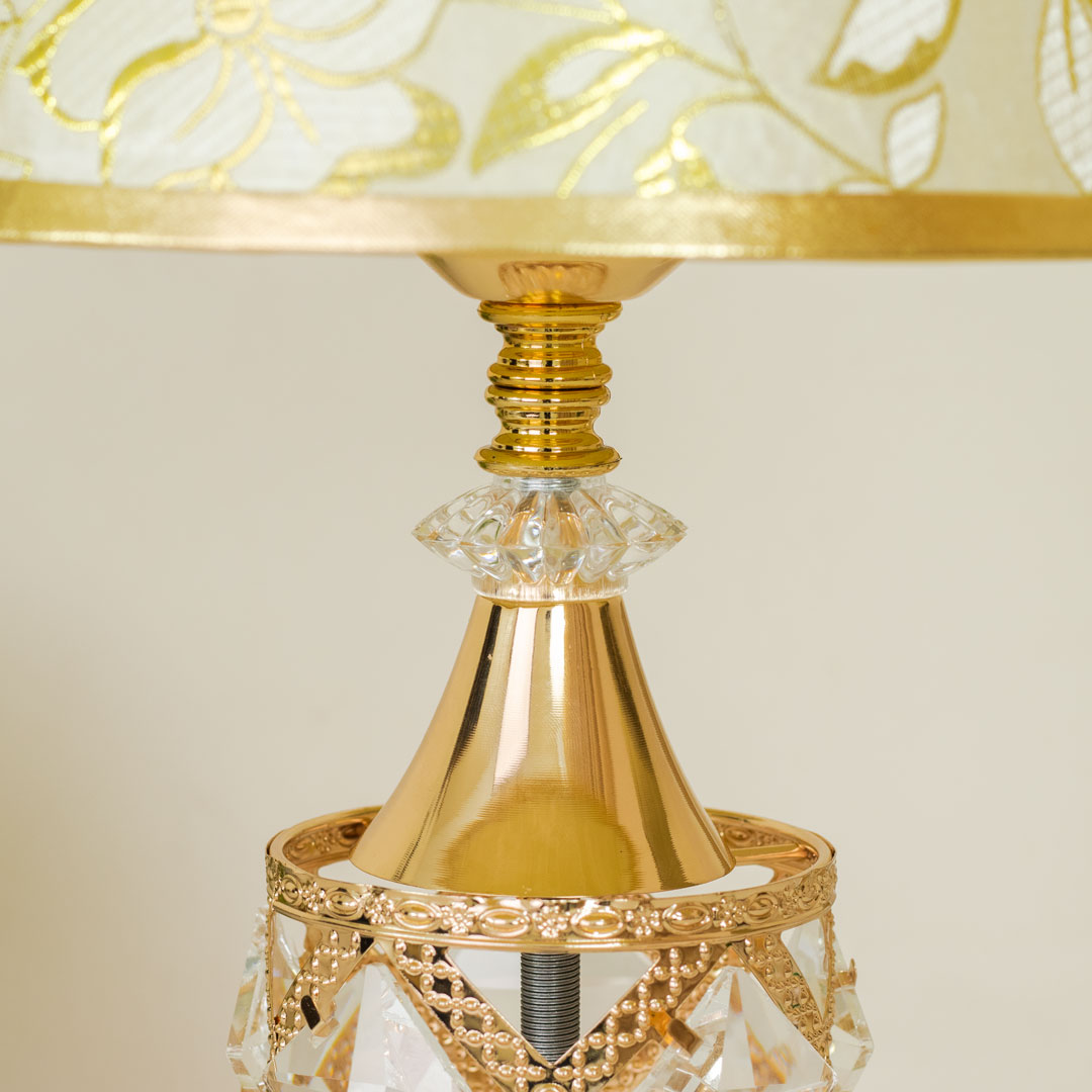 Golden Color Metal Body Table Lamp with Crystal Stone Design and Floral Pattern Texture Plastic Shade - Image 6