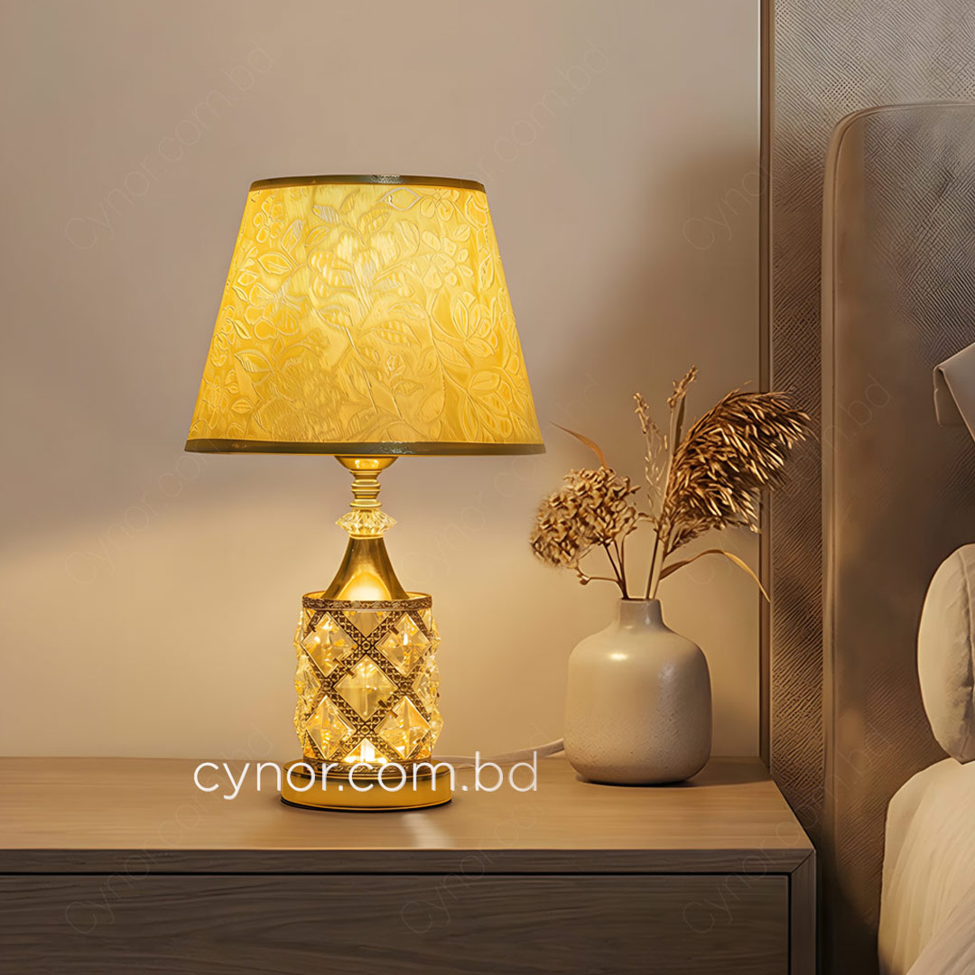 Golden Color Metal Body Table Lamp with Crystal Stone Design and Floral Pattern Texture Plastic Shade