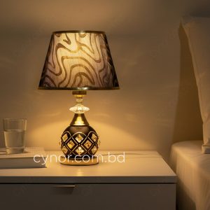 Black and Golden Color Metal Body Table Lamp with Crystal Stone Design and Wavy Pattern Texture Plastic Shade