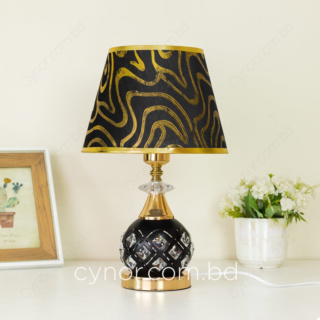 Black and Golden Color Metal Body Table Lamp with Crystal Stone Design and Wavy Pattern Texture Plastic Shade - Image 4