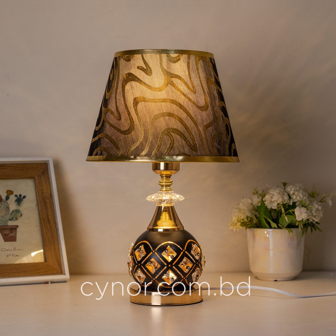 Black and Golden Color Metal Body Table Lamp with Crystal Stone Design and Wavy Pattern Texture Plastic Shade - Image 3