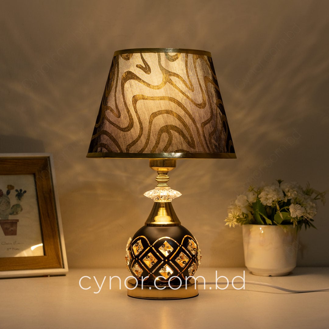 Black and Golden Color Metal Body Table Lamp with Crystal Stone Design and Wavy Pattern Texture Plastic Shade - Image 2