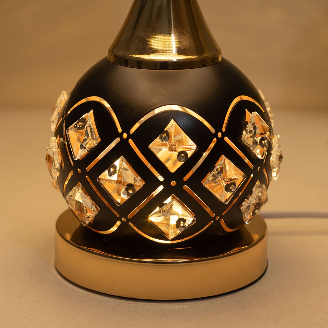 Black and Golden Color Metal Body Table Lamp with Crystal Stone Design and Wavy Pattern Texture Plastic Shade - Image 8