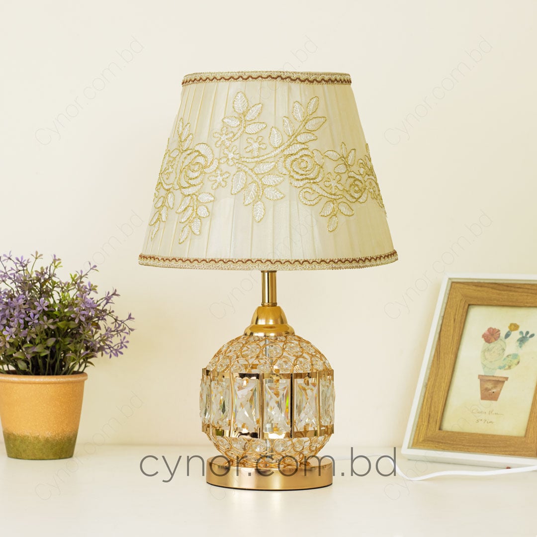 Golden Color Metal Body Table Lamp with Crystal Stone Design and Rose Pattern Texture Fabric Shade - Image 4