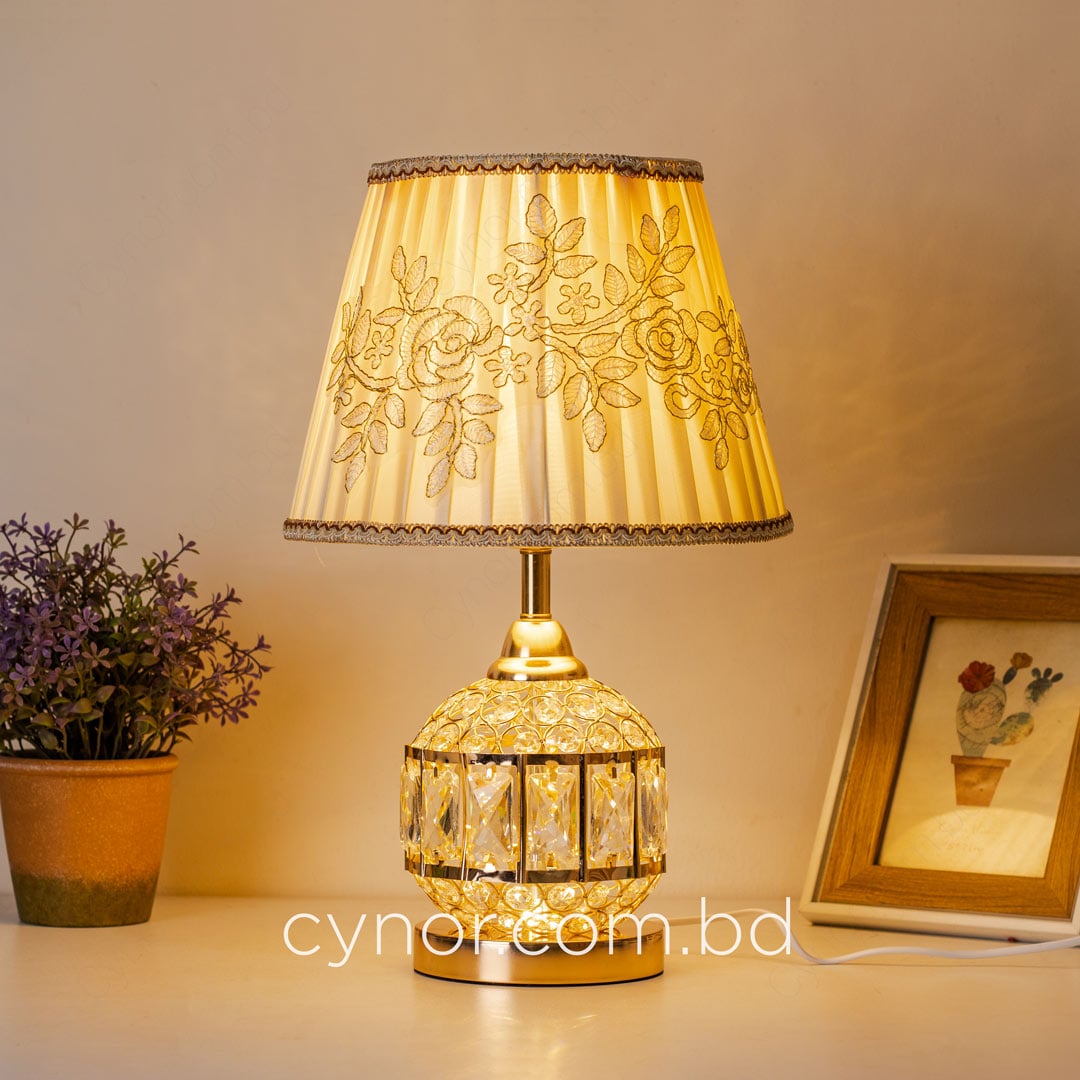 Golden Color Metal Body Table Lamp with Crystal Stone Design and Rose Pattern Texture Fabric Shade - Image 3