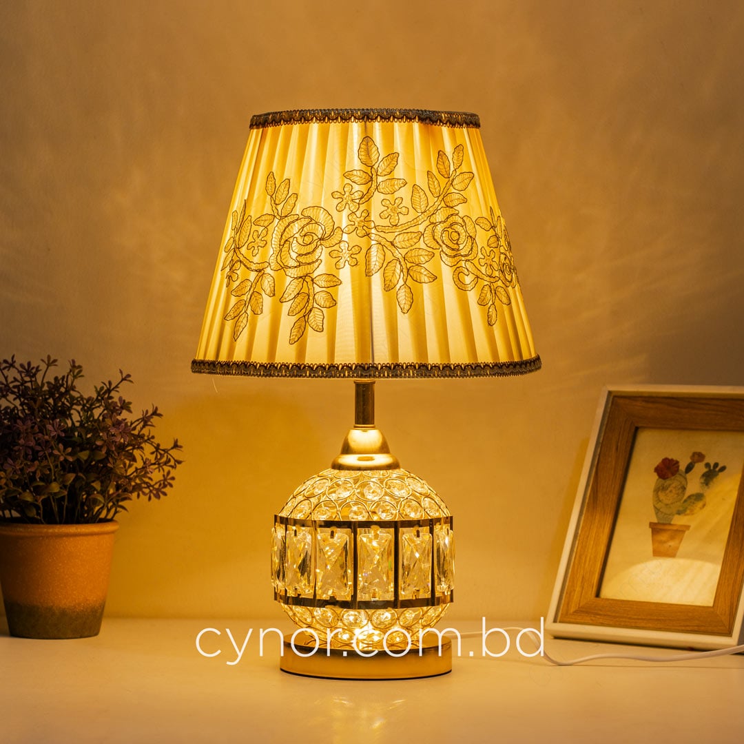 Golden Color Metal Body Table Lamp with Crystal Stone Design and Rose Pattern Texture Fabric Shade - Image 2