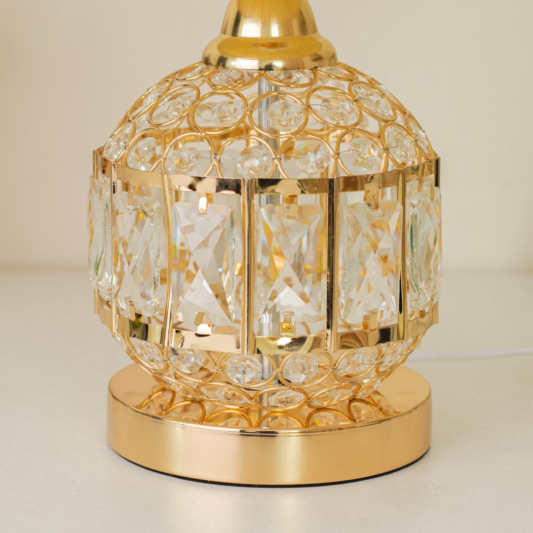 Golden Color Metal Body Table Lamp with Crystal Stone Design and Rose Pattern Texture Fabric Shade - Image 6