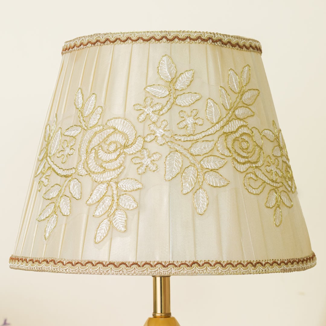 Golden Color Metal Body Table Lamp with Crystal Stone Design and Rose Pattern Texture Fabric Shade - Image 5