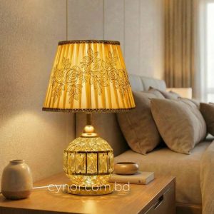 Golden Color Metal Body Table Lamp with Crystal Stone Design and Rose Pattern Texture Fabric Shade