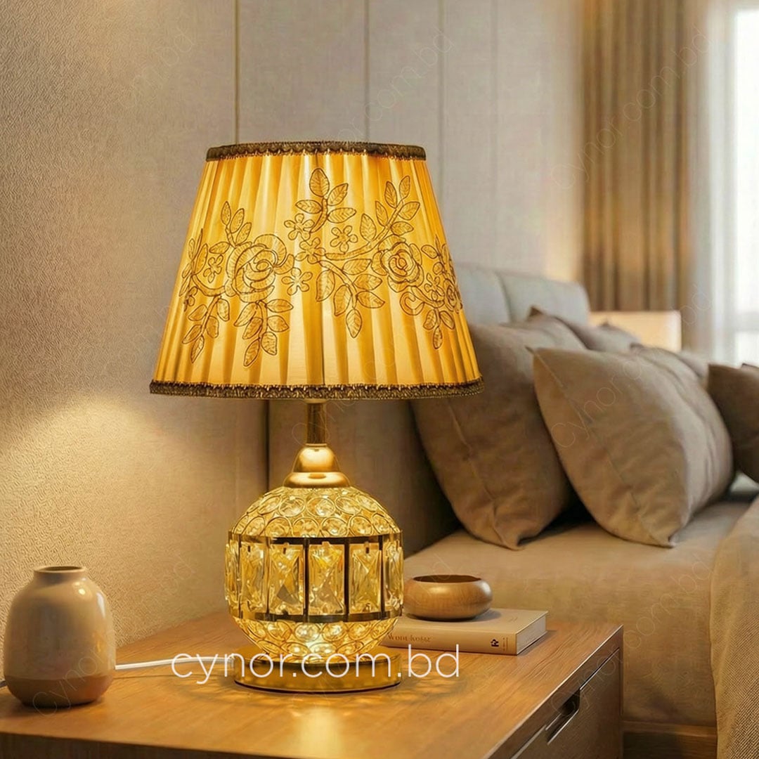 Golden Color Metal Body Table Lamp with Crystal Stone Design and Rose Pattern Texture Fabric Shade