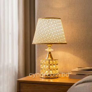 Golden Color Metal Body Table Lamp with Crystal Stone Design and Geometric Pattern Texture Plastic Shade