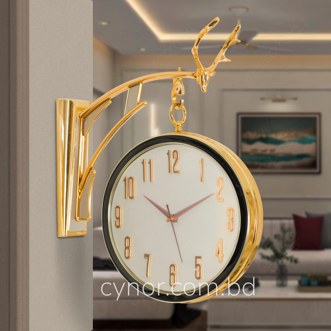 Golden Color Fiber Body Beige Color Dial Double Sided Station Wall Clock - Image 2