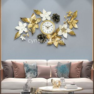 Metal Body Stainless Steel Design Golden and White Color Leaf and Flower Design Glass Dial Wall Clock