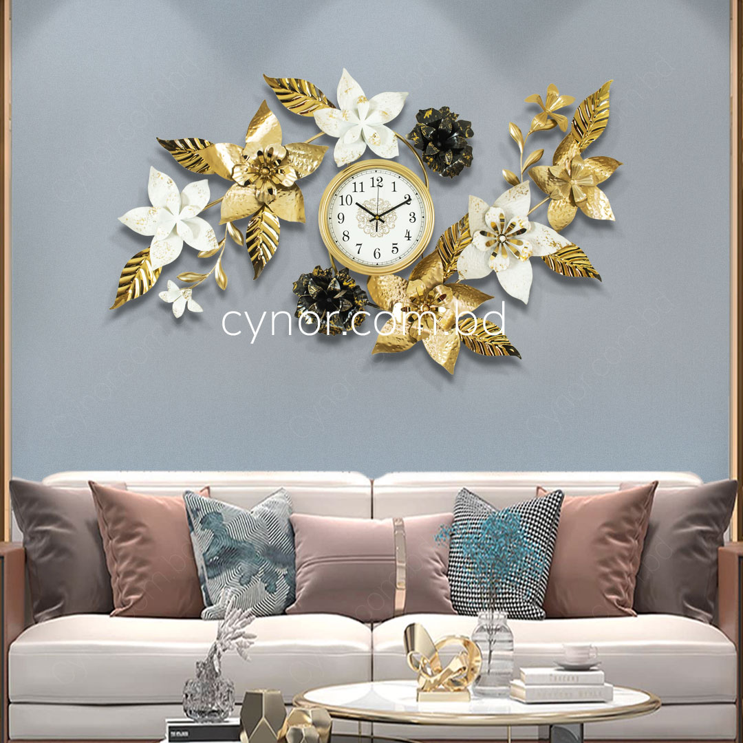 Metal Body Stainless Steel Design Golden and White Color Leaf and Flower Design Glass Dial Wall Clock