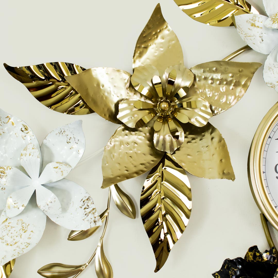 Metal Body Stainless Steel Design Golden and White Color Leaf and Flower Design Glass Dial Wall Clock - Image 11