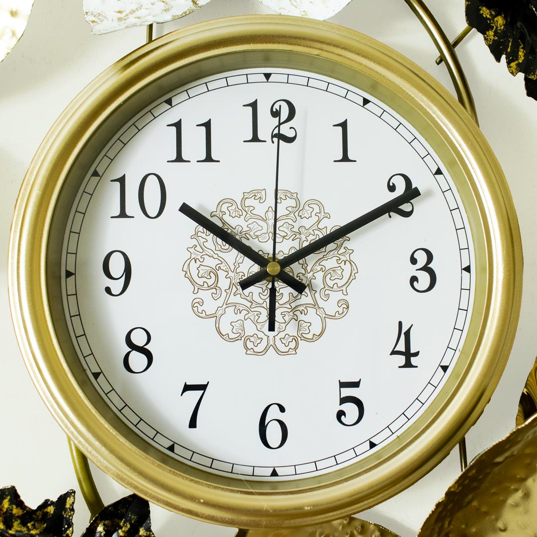 Metal Body Stainless Steel Design Golden and White Color Leaf and Flower Design Glass Dial Wall Clock - Image 6