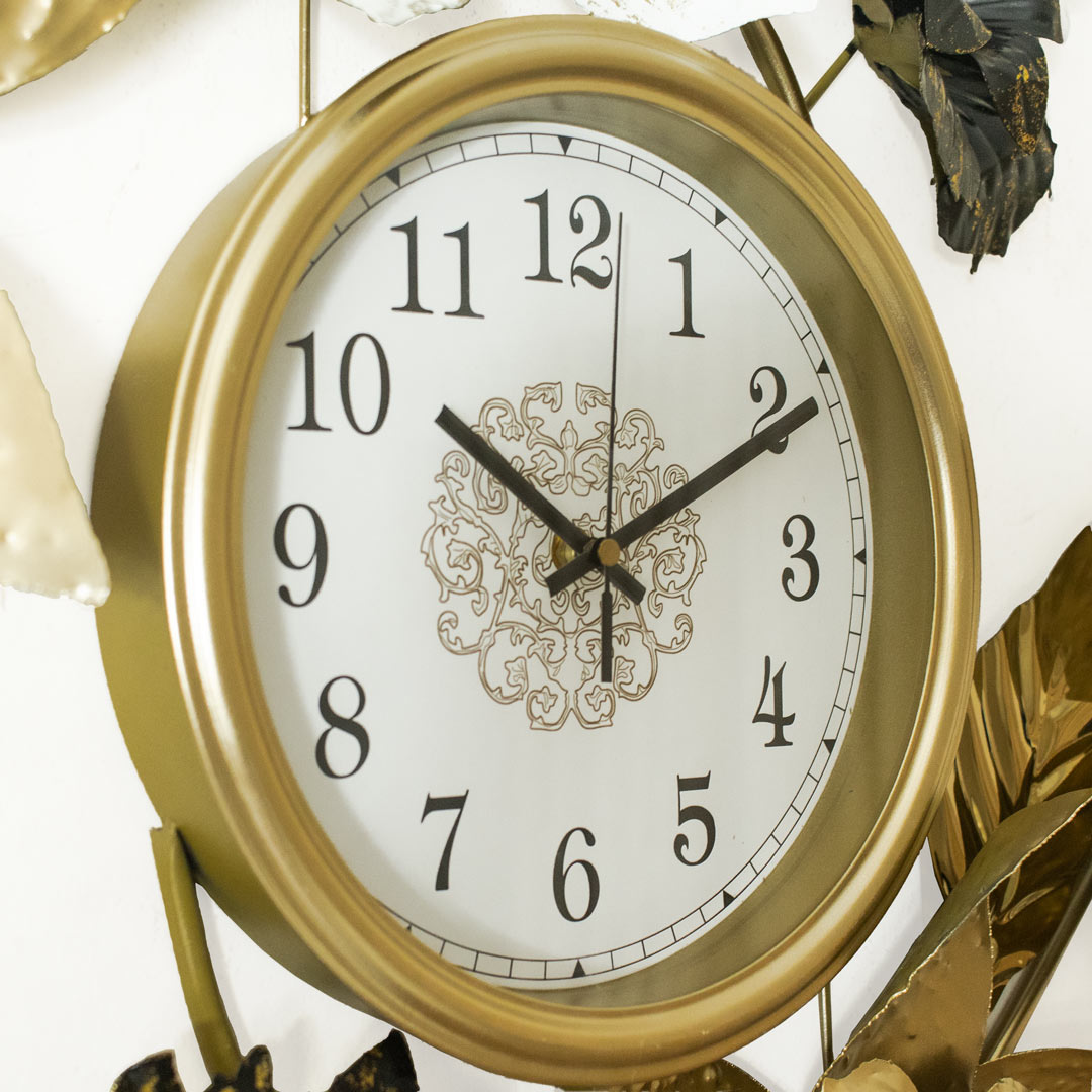 Metal Body Stainless Steel Design Golden and White Color Leaf and Flower Design Glass Dial Wall Clock - Image 7