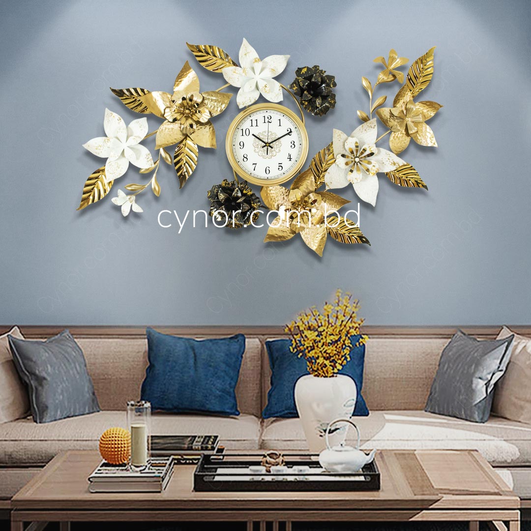 Metal Body Stainless Steel Design Golden and White Color Leaf and Flower Design Glass Dial Wall Clock - Image 3