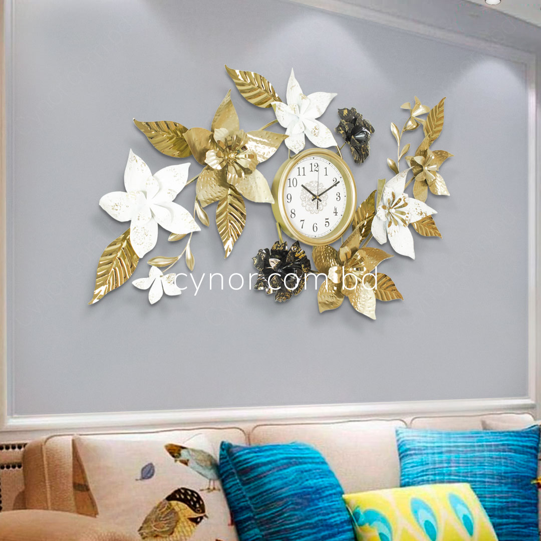 Metal Body Stainless Steel Design Golden and White Color Leaf and Flower Design Glass Dial Wall Clock - Image 2