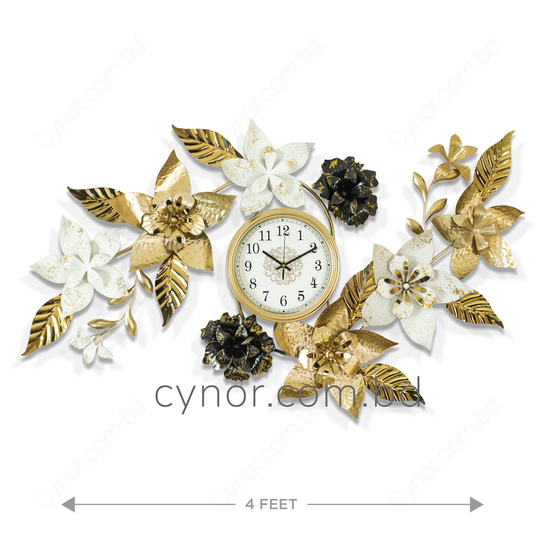 Metal Body Stainless Steel Design Golden and White Color Leaf and Flower Design Glass Dial Wall Clock - Image 4
