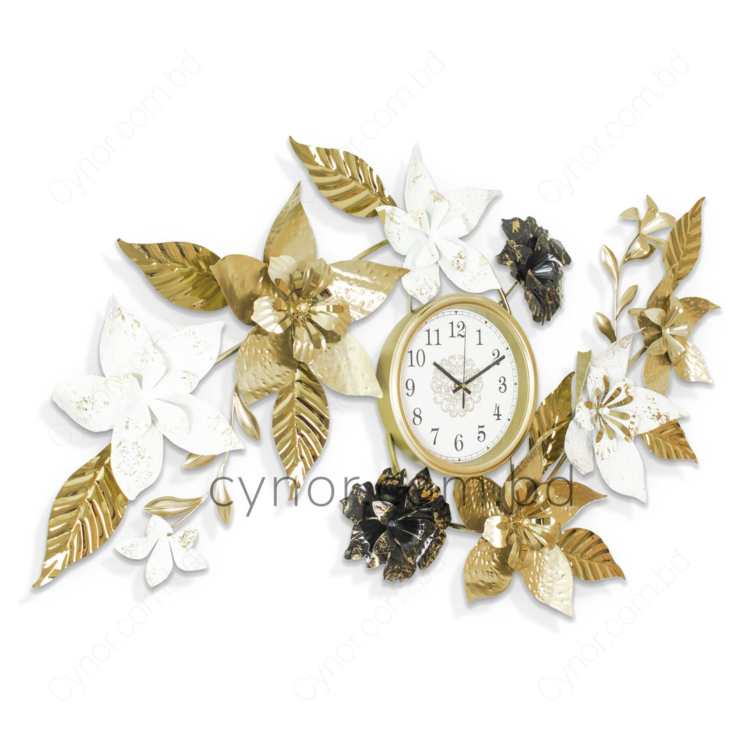 Metal Body Stainless Steel Design Golden and White Color Leaf and Flower Design Glass Dial Wall Clock - Image 5
