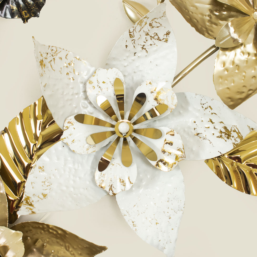 Metal Body Stainless Steel Design Golden and White Color Leaf and Flower Design Glass Dial Wall Clock - Image 9