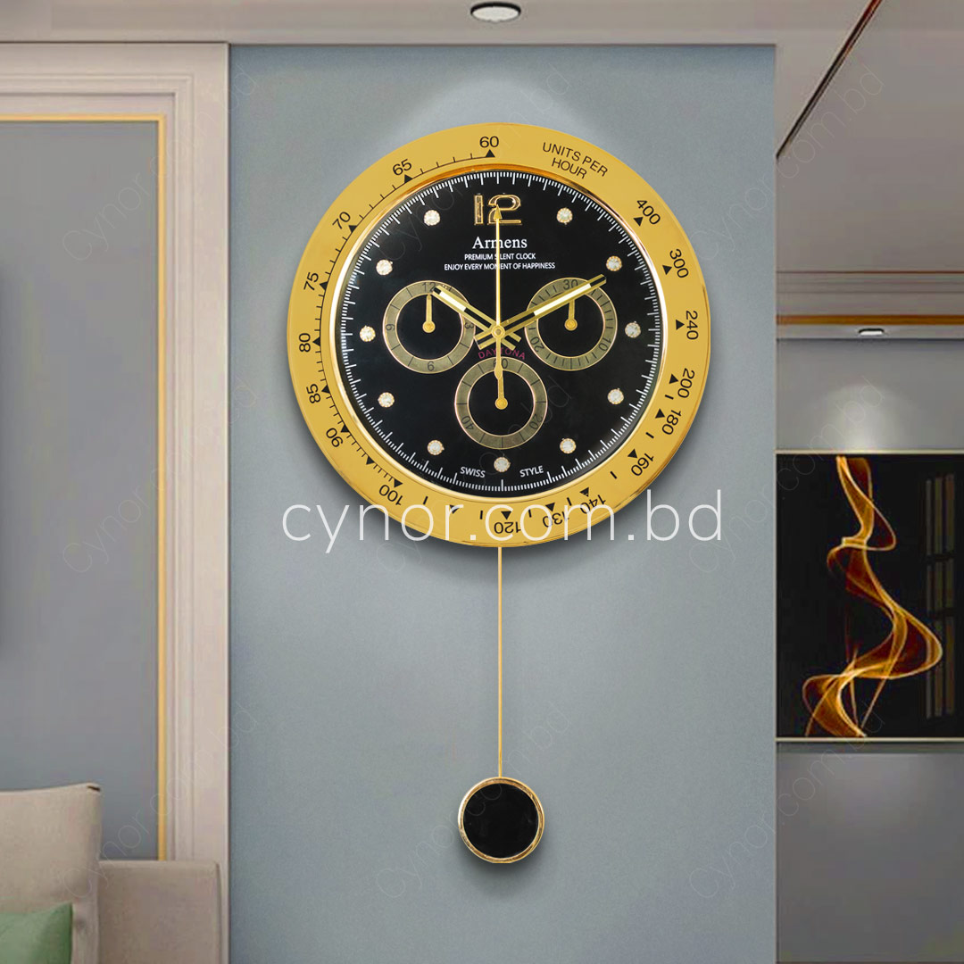High Quality Stainless Steel Body with Chronograph Style Glass Dial Pendulum Wall Clock