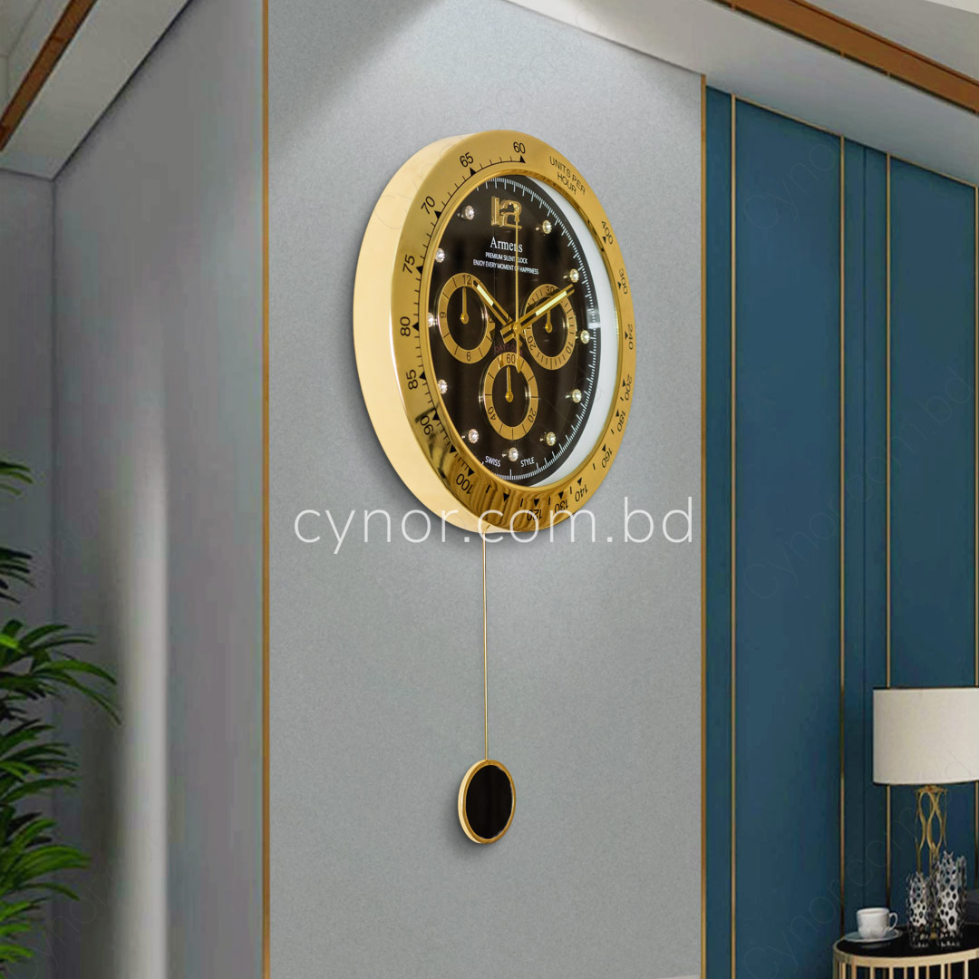 High Quality Stainless Steel Body with Chronograph Style Glass Dial Pendulum Wall Clock - Image 2