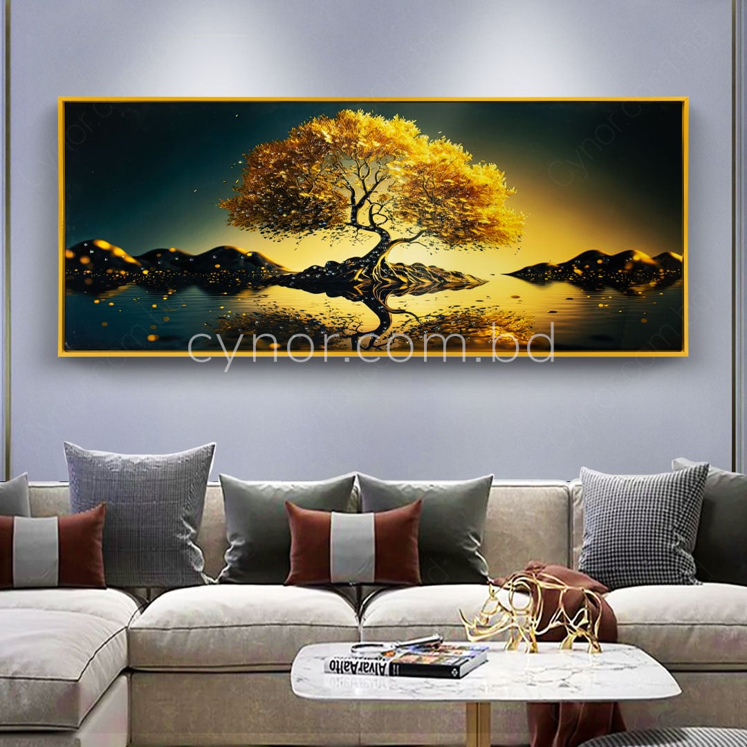 Golden Tree of Life Fantasy Wall Art Frame with Resin Stone Design and Aluminium Frame