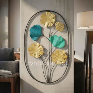 Metal Wall Decor with Golden and Green Color Aquatic Leaf Design