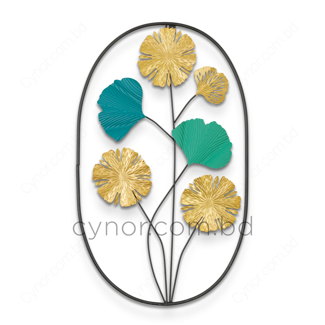 Metal Wall Decor with Golden and Green Color Aquatic Leaf Design - Image 2